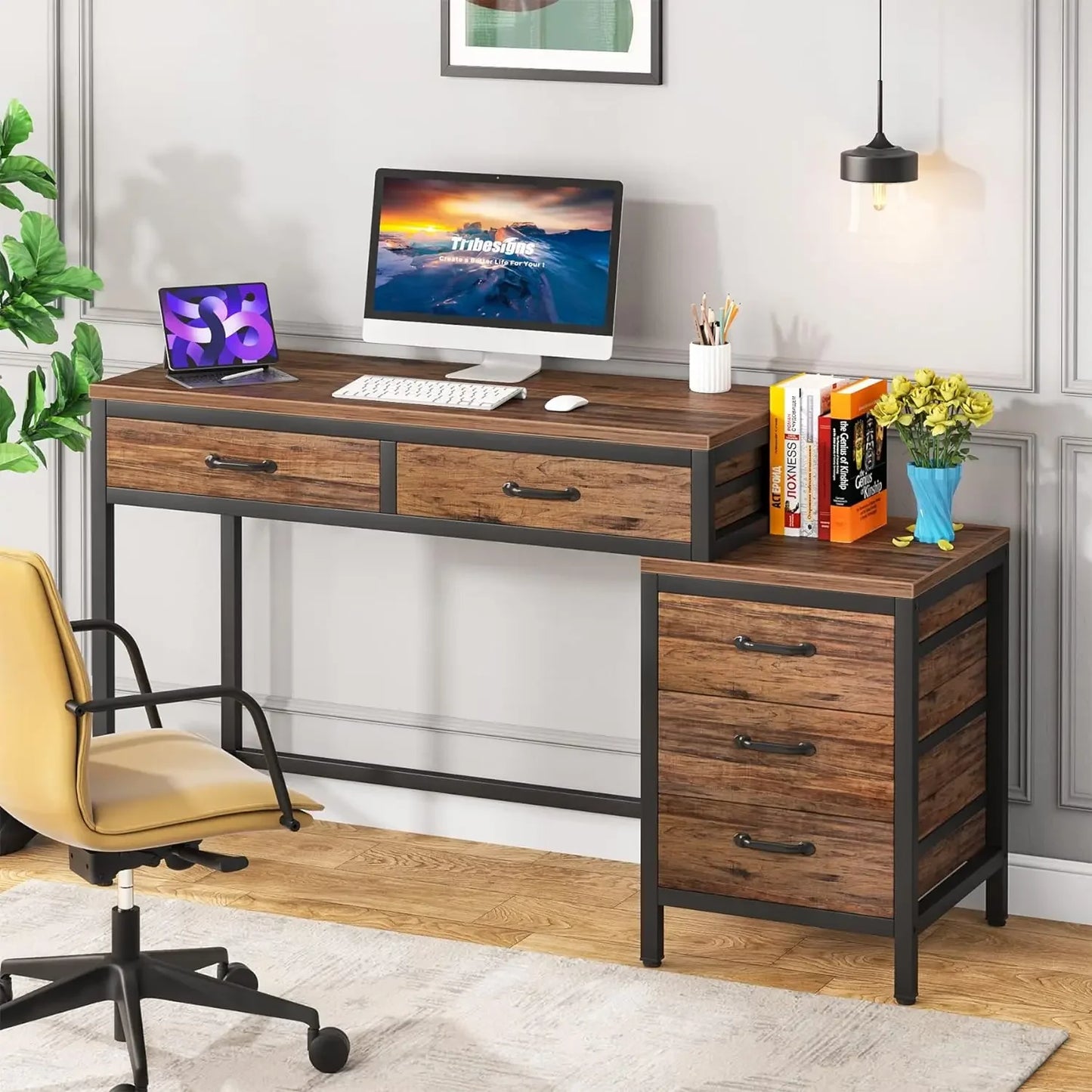 Tribesigns Computer Desk with 5 Drawers, Home Office Desks with Reversible Drawer Cabinet Printer Stand for Small Spaces