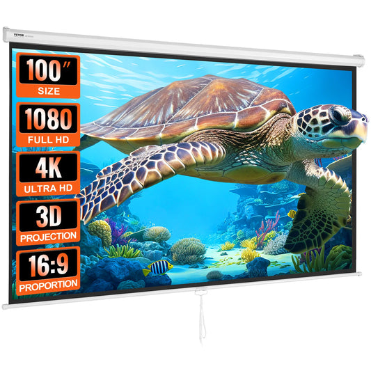 VEVOR Manual Pull Down Projector Screen 100 inch 16:9 4K 1080 HD Retractable Projector Screen for Family Home Office Theater