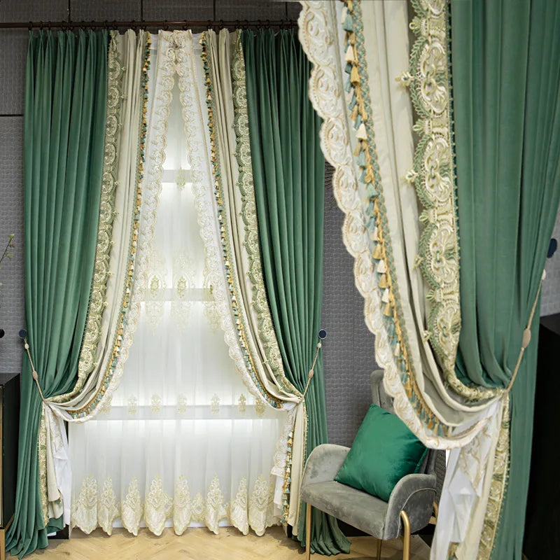 High end light luxury lace splicing blackout green velvet curtains Curtains for Living dining room bedroom