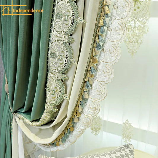 High end light luxury lace splicing blackout green velvet curtains Curtains for Living dining room bedroom