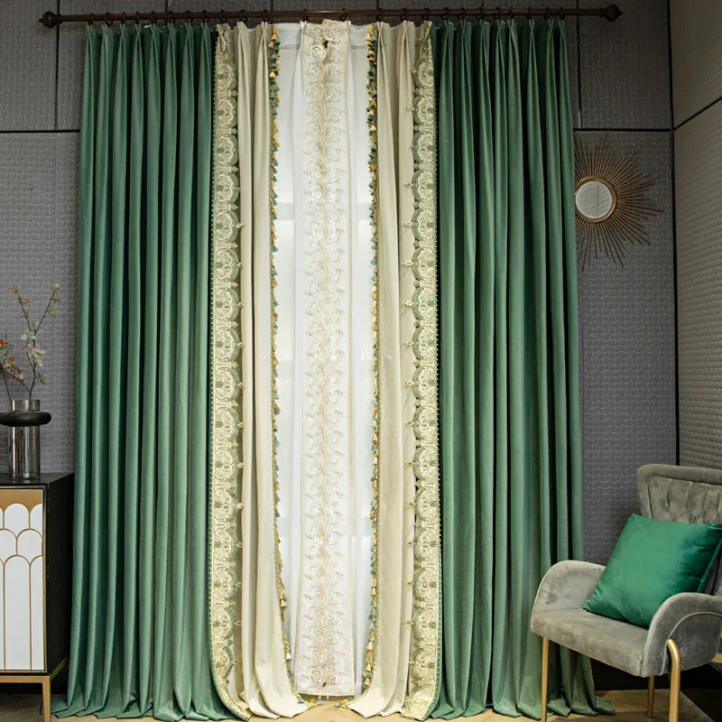 High end light luxury lace splicing blackout green velvet curtains Curtains for Living dining room bedroom