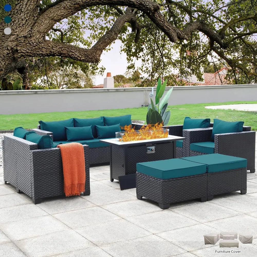 Garden Furniture Set 7 PCS, Garden Fire Pit Table Patio Sets, No-Slip Cushions and Waterproof Covers, Garden Furniture Set